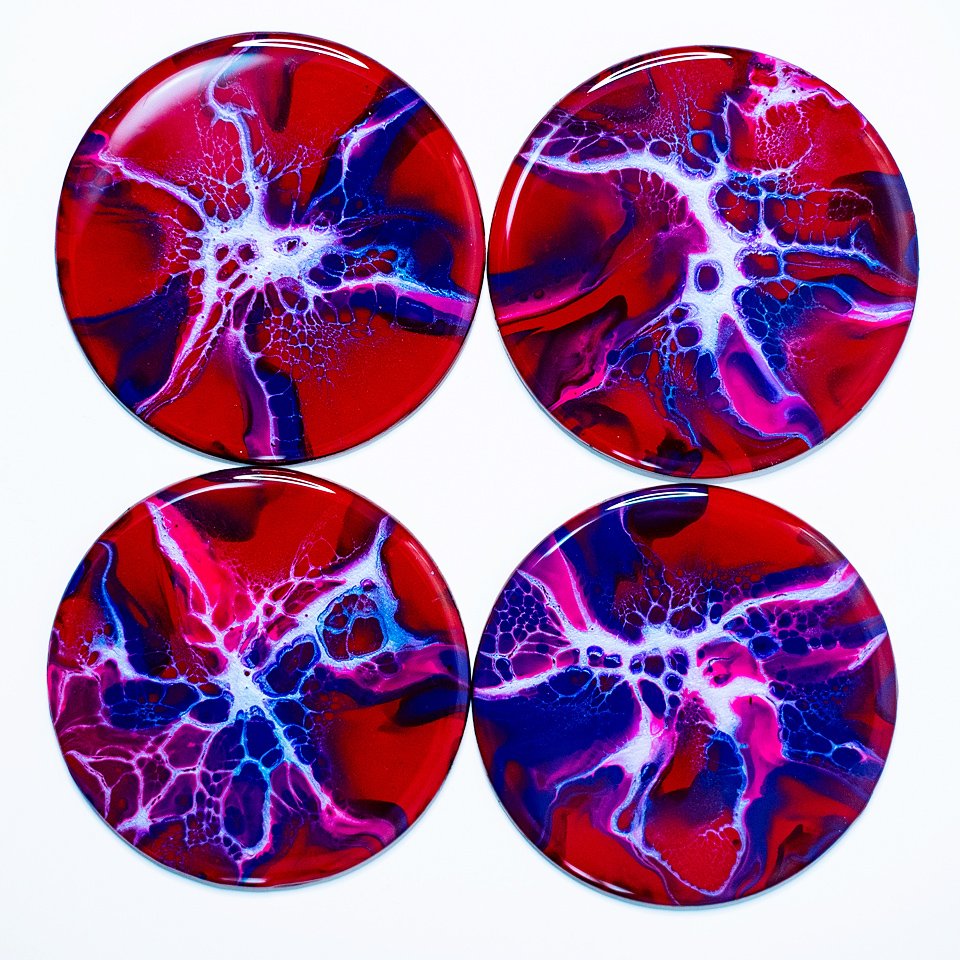 RaDiKo.Art, home Art, coasters set, uv glow, artist Milton Keynes, fluid art, acrylic pour, coaster, gift idea, google search, Radostina Kostadinova, radiko uk