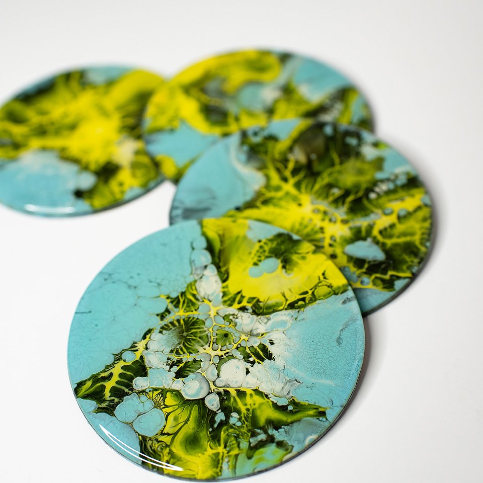 RaDiKo.Art, home Art, coasters set, uv glow, artist Milton Keynes, fluid art, acrylic pour, coaster, gift idea, google search, Radostina Kostadinova, radiko uk