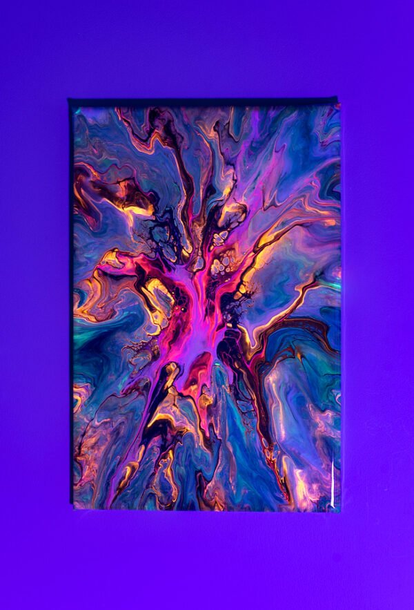 Original painting, UV glow, glow in the dark, glowing painting, RaDiKo.Art, Wall Art, Living Room Wall Art, Abstract painting, Modern art, artist Milton Keynes, fluid art, acrylic pour, Resin artwork, google search