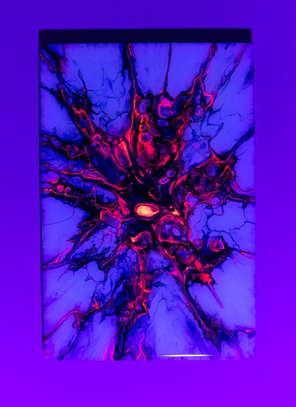 Original painting, UV glow, glow in the dark, glowing painting, RaDiKo.Art, Wall Art, Living Room Wall Art, Abstract painting, Modern art, artist Milton Keynes, fluid art, acrylic pour, Resin artwork, google search